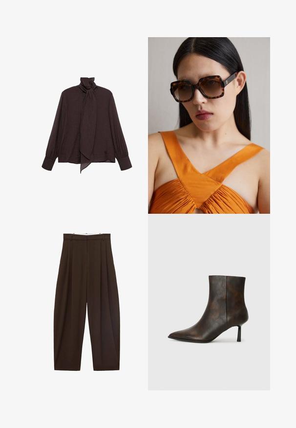 Blouse à manches longues en tissu froissé marron foncé. Présente un col haut avec un détail à nouer et des manches à poignet. Texture lisse et légère.; Pantalons taille haute marron avec des plis, fabriqués en tissu lisse. Coupe ample, design droit, avec passants de ceinture et fermeture éclair.; Bottine en cuir marron avec un bout pointu, un design élégant et un fine talon noir. Surface texturée avec un motif subtil.; Lunettes de soleil oversized en écaille brune avec une large monture rectangulaire et des verres dégradés. Détail du logo doré sur le côté.; Sac à main en daim marron avec une longue sangle en cuir, des garnitures en argent, une forme rectangulaire et un rabat plat comportant un embellissement central.