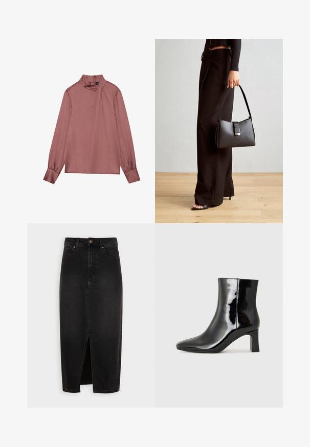 Lange mouw mauve blouse met hoge nek, zijdelings drapeer detail, knoopmanchetten en een ritssluiting aan de achterkant.; Zwarte spijkerrok, knie-lang, met een voorkeursplit, standaard tailleband en koperen knoopdetails. Soepele textuur, klassiek ontwerp.; Zwarte gepolijste leren enkellaars met een spitse neus en een blokhak van gemiddelde hoogte. Glad textuur en minimalistisch ontwerp.; Zwarte handtas met gestructureerde vorm, gladde textuur en een metalen sluiting. Gecombineerd met brede zwarte broeken en sandalen met open teen op een houten vloer.; Set van vijf gouden oorbellen met verschillende ontwerpen: gedraaide, gegroefde en gladde oppervlakken in ring- en halve maanshapes.
