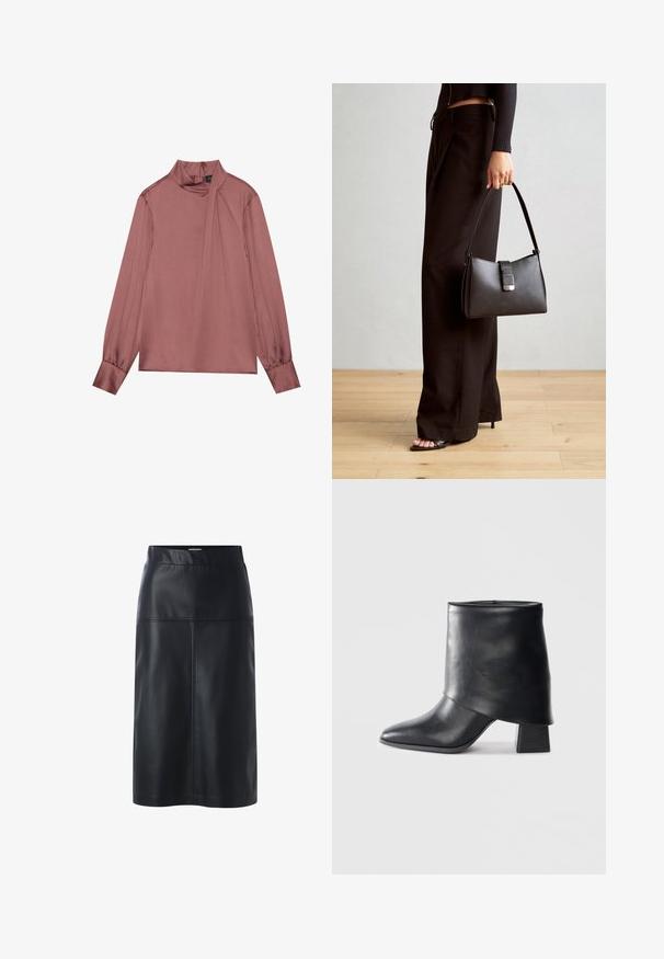 Hosszú ujjú mályva blúz magas nyakkal, oldalrét részlet, gombos mandzsetták és hátsó cipzáras zárás.; Fekete bőr szoknya egyenes sziluettel, sima felülettel, derékpánttal és részletes varrással az elülső panelekon.; Fekete bőr bokacsizma, hegyes orral, sima felülettel és strukturált blokk sarokkal. Magas, hajtott szegéllyel rendelkezik.; Fekete kézi táska strukturált formával, sima textúrával és fémből készült záródással. Széles fekete nadrággal és nyitott orrú szandállal párosítva, fából készült padlón.