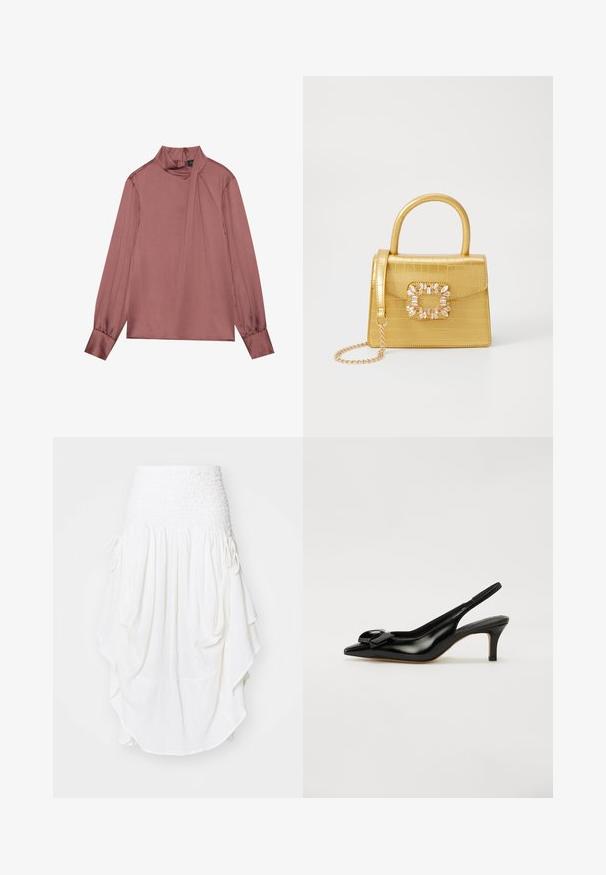 Langermet mauve-bluse med høy hals, side-drapé detalj, knappedeler og glidelås bak.; Free People PRAIRIE CONVERTIBLE SKIRT - Maxiskjørt - whisper white; Svart patentlær slingback-sko med spiss tå, liten hæl og en fremtredende sløyfe på vampsiden. Glatt tekstur og elegant design.; Gul faux-krokodille veske med en strukturert design, toppen håndtak, avtagbar kjede stropp, og dekorativ krystallbortsettelse på låsen.