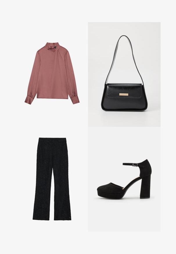 Blusa a maniche lunghe in mauve con collo alto, dettaglio drappeggiato laterale, polsini con bottoni e chiusura con zip sul retro.; Pantaloni di pizzo nero con design a campana, caratterizzati da un motivo floreale su tutto il tessuto. Texture liscia con vita aderente.; Scarpe con tacco a piattaforma nere in suede, dotate di un spesso tacco a blocco, punta arrotondata e cinturino alla caviglia fissato da una fibbia in metallo. Texture liscia su tutta la superficie.; Borsa a mano in pelle nera con una forma triangolare strutturata, fasciatura sottile e finiture dorate con una placca con logo sul flap anteriore.