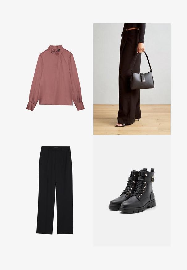 Hosszú ujjú mályva blúz magas nyakkal, oldalrét részlet, gombos mandzsetták és hátsó cipzáras zárás.; Fekete nadrág egyenes szárú kialakítással, két első zsebbel és derékrésszel. Simának és könnyű anyagból készült.; Fekete bőr bokacsizma kerek orral, fűzős dizájnnal, arany lyukakkal, csat részlettel és vastag, struktúrált talppal.; Fekete kézi táska strukturált formával, sima textúrával és fémből készült záródással. Széles fekete nadrággal és nyitott orrú szandállal párosítva, fából készült padlón.