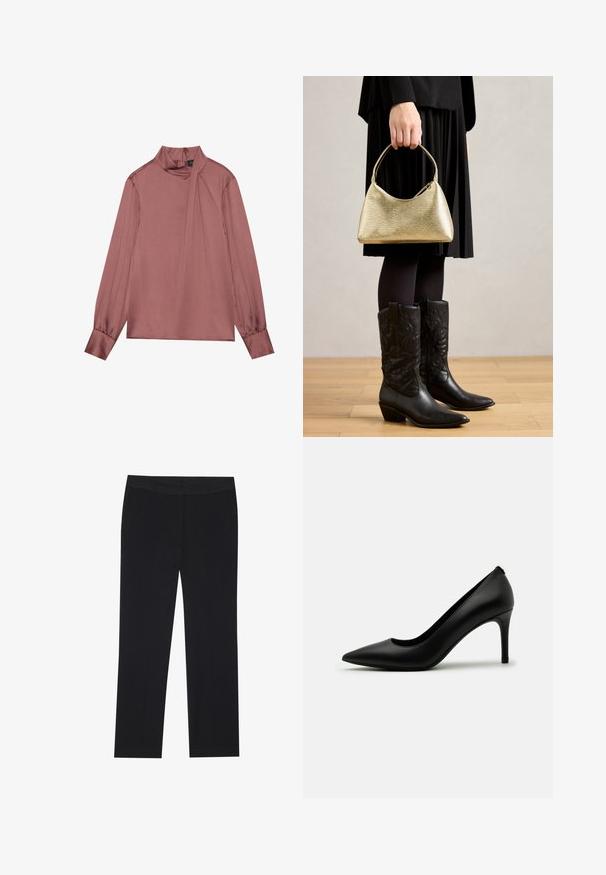 Garā piedurkne purpursarkanā blūze ar augstu kakla izgriezumu, sānu drapējuma detaļu, pogājamiem aprocēm un aizmugures rāvējslēdzēja aizdari.; Melni bikses ar taisnu kāju dizainu, ar sānu kabatām un gludu auduma tekstūru. Minimāla apdare, tīra jostasvieta.; Melnas augstpapēžu kurpes no gludas ādas, ar smailu purngalu un šauru stiletto papēdi. Minimālistisks dizains bez redzamām rotājumiem.; Zeltīta, tekstūrēta rokassoma ar izliekumu un īsu rokturi, kuru tur persona, kas ģērbusies melnā plisētā svārku un melnās ādas kovboju zābakos.