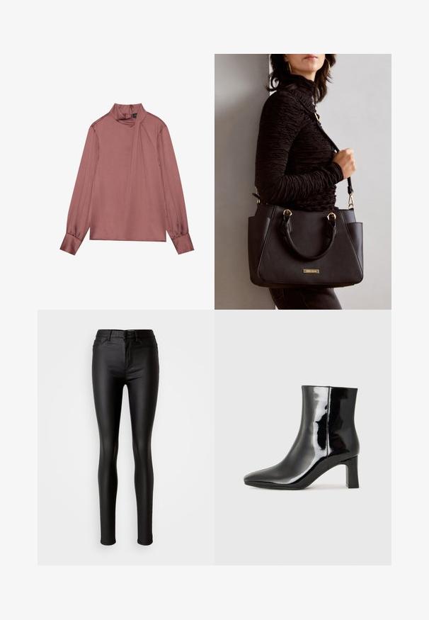 Blusa de manga longa em malva com gola alta, detalhe drapeado lateral, punhos com botão e fecho de zíper nas costas.; Calças skinny em imitação de couro preto com uma textura suave, cintura alta, fecho de botão e design tradicional de cinco bolsos.; Botim de tornozelo em pele sintética preta com bico apontado e salto bloco de altura média. Textura suave e design minimalista.; Bolsa preta com superfície texturizada, alças superiores duplas e alça de ombro ajustável. Apresenta ferragens em tom dourado e bolsos laterais.