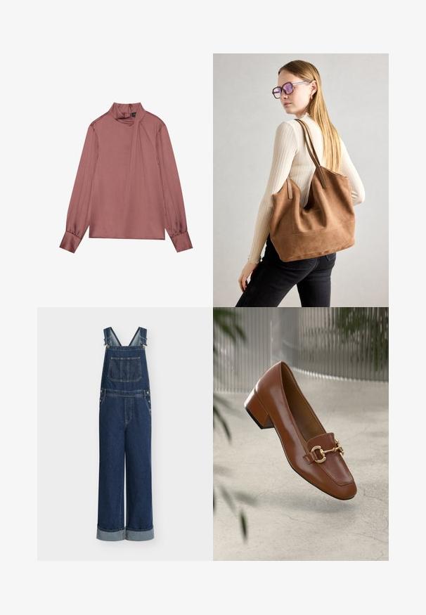 Lange mouw mauve blouse met hoge nek, zijdelings drapeer detail, knoopmanchetten en een ritssluiting aan de achterkant.; Denim tuinbroek met wijde pijpen, donkerblauwe kleur, verstelbare bandjes, voorvak en zilverkleurige hardware details. Omgeslagen zomen aan de onderkant.; Bruine lakleren loafer met vierkante neus, metallic kettingaccent en lage blokhak; gladde textuur, minimalistisch ontwerp.; Bruine suède totebag met zachte textuur, grote opening en lange hengsels. Het heeft een eenvoudig ontwerp met zichtbare stiksels en geen hardware.