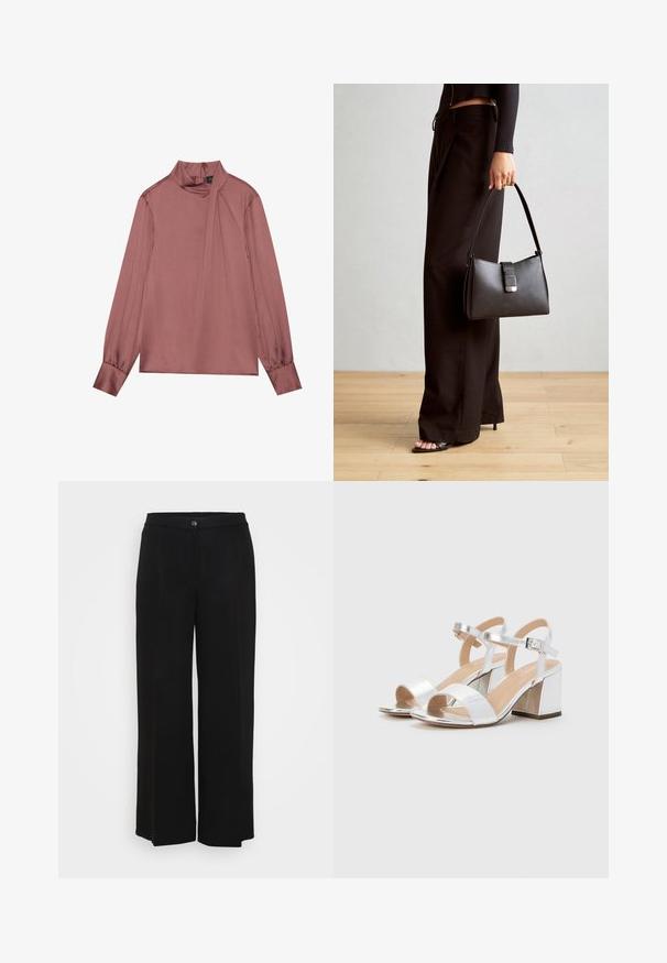Dlhý rukáv mauve blúzka s vysokým golierom, bočnými drapériami, gombíkovými manžetami a zipsom na zadnej strane.; Čierne široké nohavice s hladkým povrchom, so zapínaním na gombík, prešitým pásom a bez viditeľných vzorov alebo akcentov.; Strieborné sandále na vysokom podpätku s odhalenými prstami, vybavené dvoma širokými popruhmi a zaobleným blokovým podpätkom. Hladký povrch s metalickým leskom.; Čierna kabelka so štruktúrovaným tvarom, hladkou textúrou a kovovou sponou. V kombinácii so širokými čiernymi nohavicami a sandálmi s otvorenou špičkou na drevenej podlahe.