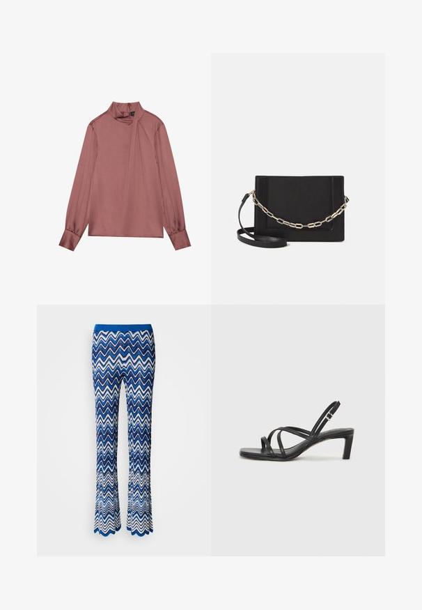 Blouse mauve à manches longues avec col haut, détail drapé sur le côté, poignets boutonnés et fermeture éclair au dos.; Pantalons évasés à motif zigzag bleu et blanc, en tissu léger et texturé, dotés d'une ceinture élastique bleue contrastante.; Sandale noire à lanières avec un bout carré et un petit talon bloc. Elle présente plusieurs fines lanières et une sangle de cheville ajustable. Fabriquée en cuir lisse.; Sac bandoulière en cuir noir avec une texture lisse, de forme rectangulaire et un détail en chaîne métallique à l'avant. Sangle réglable incluse.