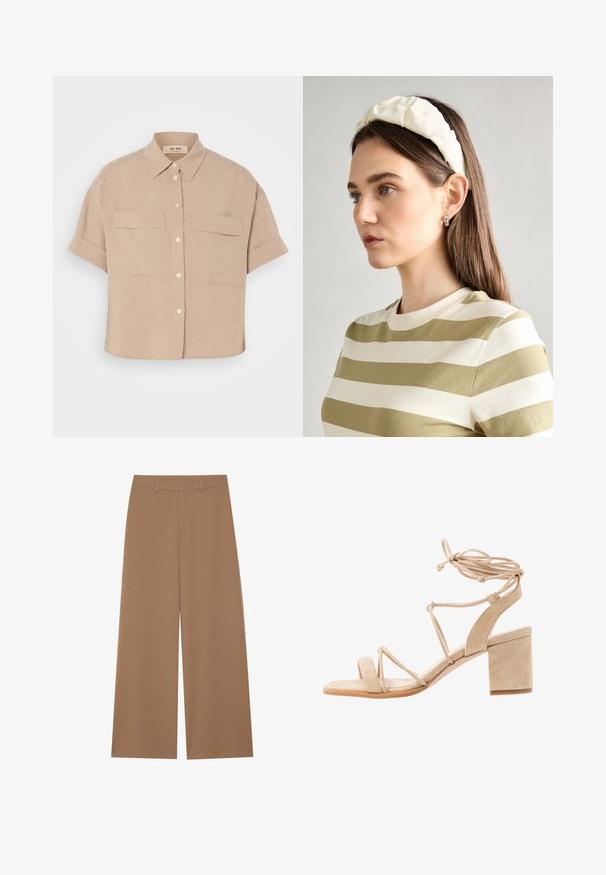 Μπεζ καίνου ντέντο μπλουζάκι με κοντό μανίκι, με μυτερό γιακά, δύο μπροστινές τσέπες και λευκά κουμπιά. Χαλαρή εφαρμογή, λεία υφή.; Πλατιά παντελόνια σε ενιαίο καφέ χρώμα, φτιαγμένα από υφή υφάσματος; διαθέτουν ψηλή μέση και δομημένο σχέδιο με θηλιές για ζώνη.; Μπεζ σουέτ σανδάλια με ψηλό τακούνι και χοντρό τακούνι, ανοιχτή μύτη και σταυρωτές λουρίδες που δένουν γύρω από τον αστράγαλο. Λείο υφή, ελάχιστος σχεδιασμός.; Κρεμ λαστιχένια κορδέλα με πλεγμένο σχέδιο, συνδυασμένη με μπλούζα σε μπεζ και λευκές ρίγες που διαθέτει στρογγυλή λαιμόκοψη. Διακριτικά αξεσουάρ κοσμημάτων.