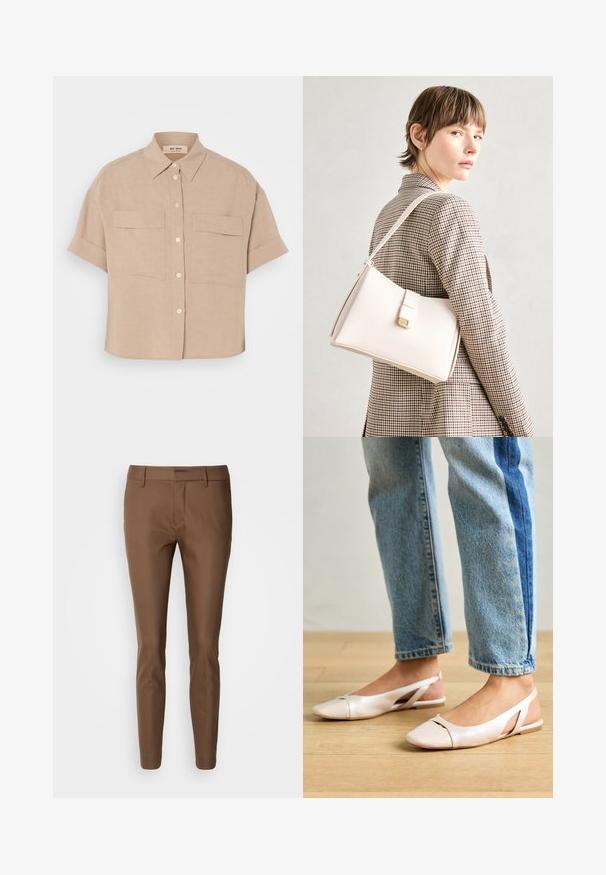 Bežna kratkolasna lanena srajca s pointed ovratnikom, dvema sprednjima žepoma in belimi gumbi. Sproščen kroj, gladka tekstura.; Mos Mosh NIGHT - Hlače - rain drum; Svijetloružičaste slingback balerinke s šiljastim nožnim prstima, napravljene od glatkog materijala nalik koži. Imaju izrezane detalje sa strane i ravne pete.; Bela usnjena torba s strukturirano zasnovo, opremljena z magnetnim zapiranjem in naramnico, prikazana na nevtralni ozadju.