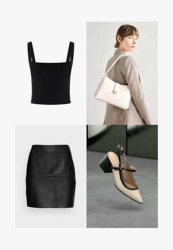 Crni kratki top s širokim naramenicama, ima strukturirani dizajn i vertikalne šavove za dodatni oblik i detalje. Glatka tekstura.; Crna kožna mini suknja s glatkom teksturom, prilagođenim oblikom i šavom na pojasu. Nema vidljivih kopčanja.; Bež cipele s otvorenom petom i šiljastim vrhom, crnim obrubom, zlatnom kopčom i debelim blok-petom na sivom podu s tamnozelenom pozadinom.; Bijela kožna torba s čvrstim dizajnom, s magnetskim kopčanjem i remenom za rame, prikazana na neutralnoj pozadini.