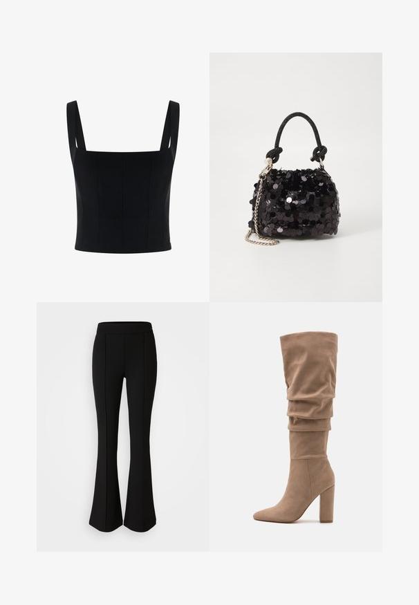 Top nero croppato con spalline larghe, presenta un design strutturato e cuciture verticali per una maggiore forma e dettaglio. Texture liscia.; Pantaloni neri a zampa d'elefante realizzati in un materiale elastico con una texture liscia, caratterizzati da dettagli delle cuciture lungo la parte anteriore per un tocco di design in più.; Anna Field Stivali alti - beige; Mini borsa a tracolla nera in paillettes con una tracolla texturizzata annodata e catena argentata. Forma rotonda con parte superiore arricciata e dettagli riflettenti.
