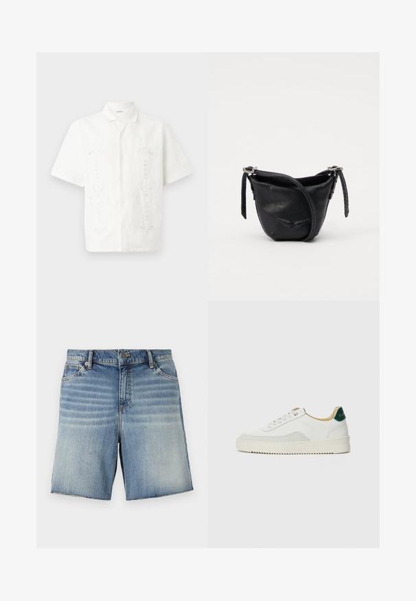 Balta īsa piedurkņu krekls, izgatavots no viegla auduma, ar sarežģītu ziedu izšuvumu vairākos rakstos, ar klasisku apkakli un pogām.; Gaiši zili džinsu šorti ar izbalinātu dizainu, piecu kabatu stils un neapstrādāta apakšmala. Iekļauta metāla pogas un rāvējslēdzēja aizdare.; Baltas sneakers ar zamša akcentiem, noapaļota purngala, plakaniem auklām un krēmkrāsas gumijas zoli. Ar zaļu zīmolu uz papēža.; Melnas ādas maisiņš ar izliekta dizaina, regulējamu siksnu un šūtu apdari. Pieder teksturēta virsma un sudraba toņa piederumi.