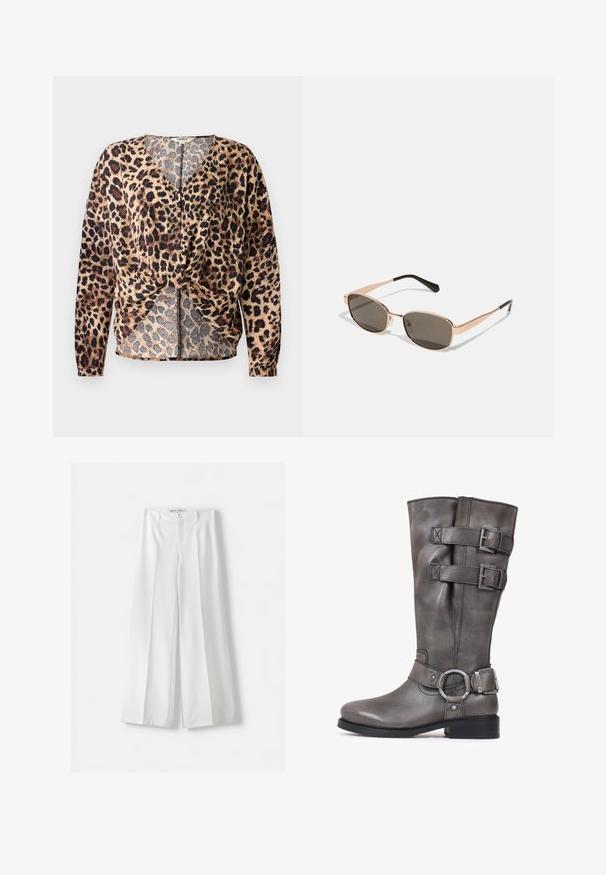 Bluza z leopardskim vzorcem, z V-izrezom, dolgimi rokavi, vozlom spredaj in gumbi. Narejena iz lahkotnega, strukturiranega materiala.; Bershka WIDE-LEG TAILORED - Hlače - white; Sive usnjene škornje do kolen z dvema dekorativnima trakovama in srebrnimi zaponkami. Zaobljen nos, nizka blok peta in gladka teksturirana površina.; Pravilne sončne očala z zlatim kovinskim okvirjem in temnimi lečami. Okrašena s tankimi črnimi ročaji, ki prikazujejo minimalističen dizajn.; Michael Kors denarnica v bež lakiranem platnu z mišičnim vzorcem ponavljajočega se logotipa MK, z zlatim okovjem in snemljivo verižico.