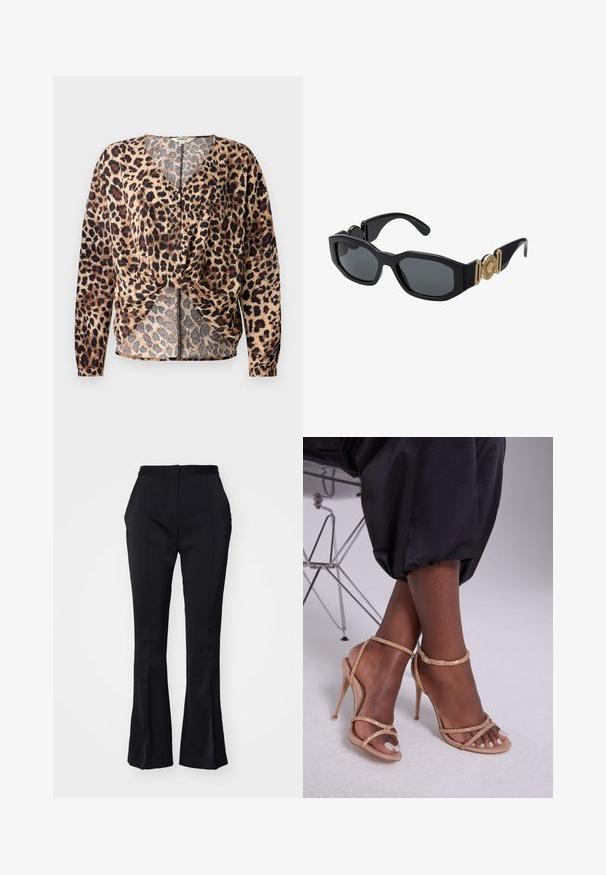 Blouse à imprimé léopard avec décolleté en V, manches longues, devant noué et détails en bouton. Confectionnée dans un tissu léger et texturé.; Pantalons flare noirs sur mesure avec une texture lisse, taille haute et plis avant. Ils présentent des poches latérales et un design épuré et soigné.; Sandales à talons beiges avec des embellissements en cristal, dotées d'un bout ouvert, de fines lanières et d'une silhouette épurée.; Lunettes de soleil noires avec une monture géométrique épaisse, des verres sombres et des accents métalliques dorés sur les branches, comportant un détail d'emblème rond.; Porte-monnaie Michael Kors en toile enduite beige avec un motif répété de logo MK, des accessoires en or et une bandoulière en chaîne amovible.