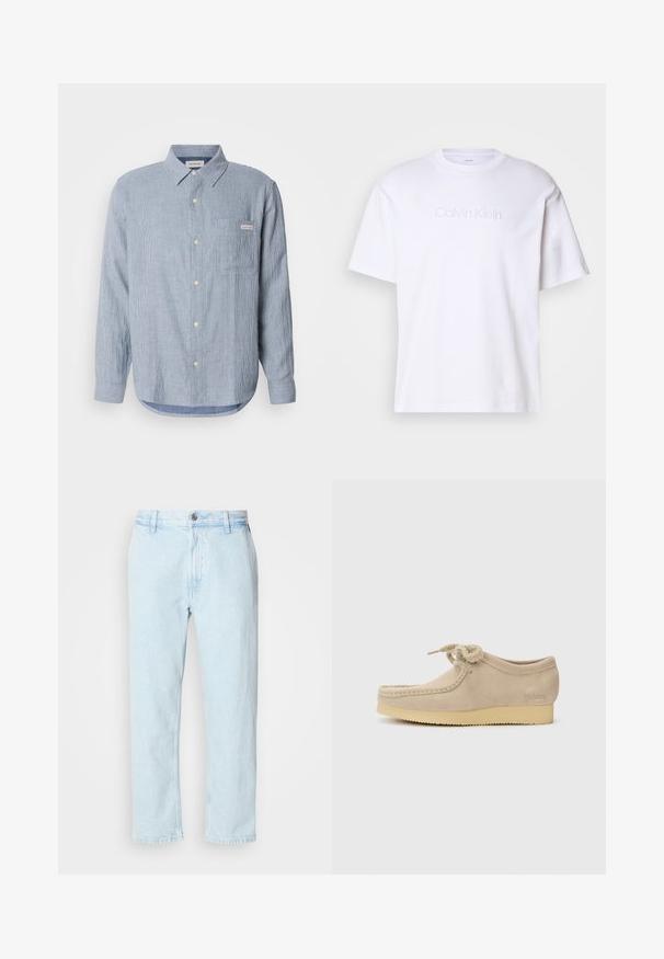 Světlemodrá pruhovaná košile na knoflíky, bavlněná tkanina, dlouhé rukávy, špičatý límec, jedna náprsní kapsa a detail loga.; Bílý bavlněný tričko s krátkým rukávem, se zvýšeným logem Calvin Klein ve středu. Klasický design s kulatým výstřihem. Hladká textura.; Světle modré džíny rovného střihu s poutky na opasek a knoflíkovým zapínáním, vystavené na bílém pozadí.; Béžová semišová bota s kulatou špičkou, ozdobnou tkaničkou a béžovou gumovou podešví z crepe. Jemný detail loga na boku.