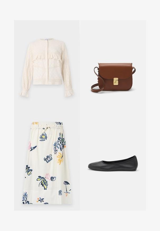 Krēmkrāsas blūze ar rūtiņu akcentiem, sarežģītu mežģīņu apdari, garām piedurknēm ar savilktām aprocēm un apaļu kakla izgriezumu.; Baltā ceļgala garuma svārki ar ziedu un ikonogrāfisku rakstu zils, rozā un dzeltenā krāsā. Elastīgs jostasvieta ar saišu detaļu.; Melna ādas baleta kurpe ar noapaļotu purngalu, gludu tekstūru, minimālu šuvju detalizāciju un elastīgu zoles dizainu.; Bordo ādas rokas soma ar atloku, zeltītām detaļām, plecu siksnu un gludu virsmu. Kompakta, taisnstūrveida forma.