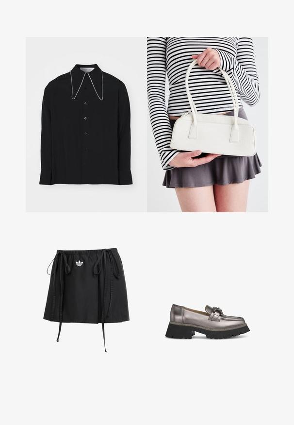 Camicia nera a maniche lunghe con colletto strutturato, caratterizzata da una catena di perline trasparenti lungo i bordi del colletto e una chiusura con bottoni davanti.; Gonna sportiva nera con cordini regolabili, caratterizzata da un piccolo logo bianco sul davanti. Realizzata in tessuto leggero con una texture liscia.; Mocassini grigio metallico con una robusta suola nera a piattaforma, dotati di una fibbia decorativa e di un bordo con texture lungo il perimetro.; Borsa bianca con motivo a stampa coccodrillo, dotata di due manici, forma rettangolare e chiusura a zip. Esibita su uno sfondo chiaro.