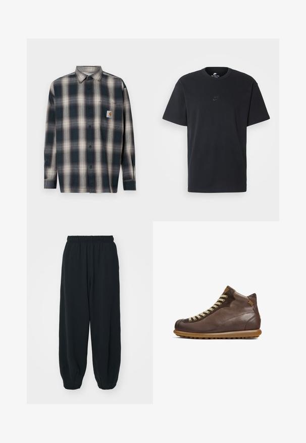 Ärmelloses Hemd mit einem blau-grauen Karomuster, aus Baumwolle, langen Ärmeln und einer Brusttasche mit einem Logo-Patch.; Schwarzes Baumwoll-T-Shirt von Nike mit klassischem Rundhalsausschnitt, kurzen Ärmeln und einem dezenten, geprägten Logo auf der Brust. Glatte Textur.; Schwarze Sweatpants mit elastischem Bund, lockerer Passform, gerippten Beinabschlüssen, glatter Textur und ohne sichtbare Muster oder Hardware-Akzente.; Camper PELOTAS ARIEL - Schnürstiefelette - dunkelbraun