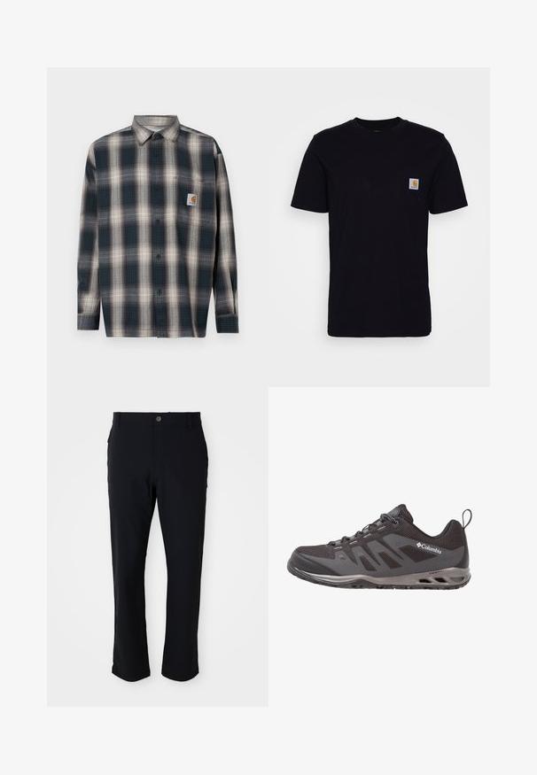 Kreklu ar pogām, kas iezīmēts ar zilu un pelēku rakstu, izgatavots no kokvilnas, ar garām piedurknēm un krūšu kabatu ar logotipa uzšuvumu.; Melnas kokvilnas T krekls ar īsām piedurknēm, apaļu kakla izgriezumu un krūšu kabatu, kurā ir neliels, kvadrātveida logo uzlīme. Vienkāršs, vienkrāsains dizains.; Melni bikses ar pogu aizdari, taisnas kājas dizainu, gludu tekstūru un sānu kabatām, piemērotas dažādām situācijām.; Viegls melns sporta apavi ar acs materiālu augšdaļu, gumijas zoli un pelēkiem akcentiem. Aprīkoti ar šņorēm un aizmugurējo cilpu vieglai uzvilkšanai.