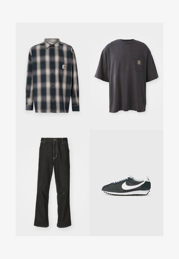 Camisa de botões com um padrão xadrez azul e cinza, material de algodão, mangas longas e um bolso no peito com um emblema.; T-shirt de algodão preto com mangas curtas, decote redondo e bolso no peito esquerdo com um emblema quadrado. Design simples e sem adornos.; Calças de ganga pretas de corte largo, com costuras brancas em contraste, fecho de botão e design de perna reta.; Sneakers Nike em malha preta com swoosh branco, cordões brancos e detalhes em camurça verde-escuro. Apresenta uma sola em borracha preta texturizada.