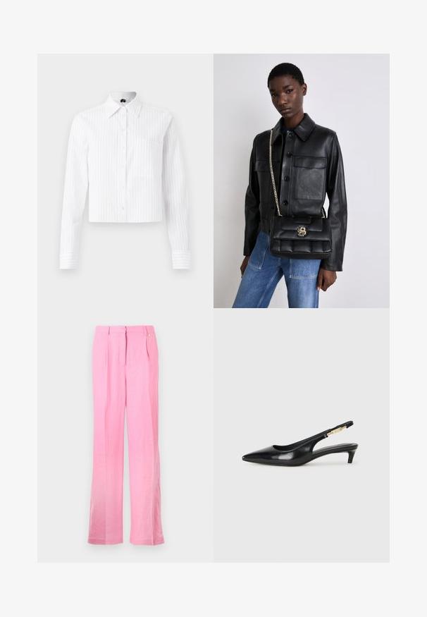 Balta trumpa mygtukų marškiniai su šviesiai mėlynomis vertikaliomis juostelėmis, ilgomis rankovėmis, viena krūtinine kišenė ir klasikiniu apykakle. Pagaminti iš medvilnės mišinio.; Rausvos lino kelnes su laisvu siluetu, turinčios priekinės klostes, sagos uždarymą ir šonines kišenes. Lygi tekstūra ir tiesios kojos dizainas.; Juodas odinis pavasario batelių modelis su smailiu nosiu, turintis siaurą kulniuką ir auksinės spalvos akcentu reguliuojamoje juostoje. Lygi tekstūra.; Juodas odinis švarkas su mygtukų uždarymu ir dviem priekinėmis kišenėmis, sujungtas su juodu siuvinėtu rankiniu krepšiu, turinčiu auksinį užsegimą ir grandinėlės dirželį.