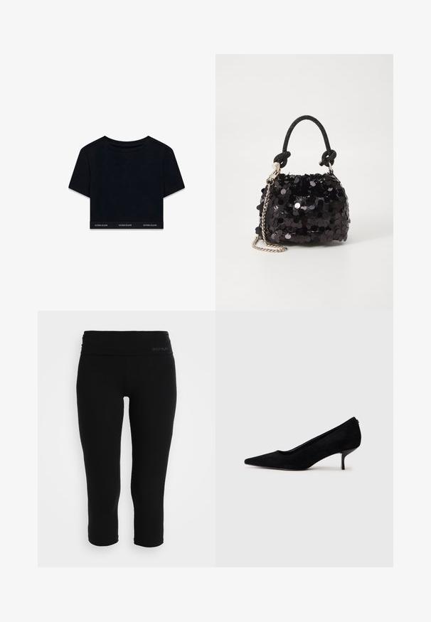 T-shirt noir court en tissu doux avec des manches courtes et un col rond. Il présente une bande de marque à l'ourlet avec "GUESS JEANS" en blanc.; Leggings capri noirs en tissu extensible. Dotés d'une large taille avec un logo discret. Texture lisse et design ajusté.; Chaussure à talon haut en suede noir avec un bout pointu et un talon fin et bas. Texture lisse avec un design épuré, sans matériel visible.; Mini sac à main en sequins noirs avec une bandoulière texturée nouée et une chaîne argentée. Forme arrondie avec un haut froncé et des détails réfléchissants.