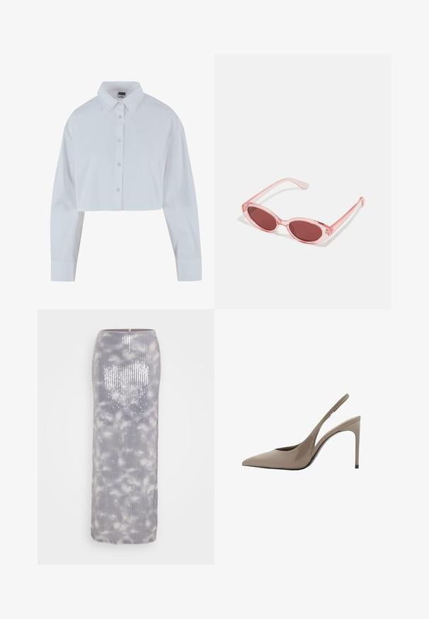 Strihnutá biela košeľa s golierom v tvare špičky, dlhými rukávmi a hladkou textúrou. Obsahuje predný plis s zhodnými gombíkmi.; Dlhá šedá sukňa s flitrami a textúrovaným rebrovaným vzorom a mäkkým obláčikovým vzorom. Má rovný strih a zips na zadnej strane.; Beige lakované kožené lodičky s odkrytým pätkom a špicatou špičkou, so štíhlym dizajnom, tenkým vysokým opätkom a výrezom na strane.; Ružové priehľadné slnečné okuliare s oválnymi šošovkami, tmavočerveným tónovaním a štíhlymi ramenami, so hladkým povrchom a jemnými detailmi na ráme.