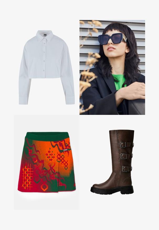 Przycięta biała koszula z guzikami, z zaostrzonym kołnierzykiem, długimi rękawami i gładką teksturą. Posiada przód z pliską i dopasowanymi guzikami.; Spódnica dzianinowa z zielonym paskiem w talii i żywymi wzorami w kolorze czerwonym i pomarańczowym, z geometrycznymi deseniami i teksturowanymi akcentami.; Brązowy skórzany wysokich but na kolano z trzema metalowymi klamrami, teksturowana powierzchnia, okrągły czubek i masywna podeszwa dla stabilności.; Przesadnie duże czarne okulary przeciwsłoneczne z grubą oprawką i złotym akcentem, noszone z czarną marynarką i jasnoróżową koszulą, na poziomym tle.