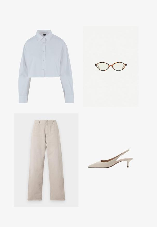 Cropped white button-up shirt with a pointed collar, long sleeves, and a smooth texture. Features a front placket with matching buttons.; Beige straight-leg pants made of smooth cotton. Features a button closure, belt loops, and side pockets. Simple, clean design.; Beige slingback heels with a pointed toe and a low, flared heel. Made from smooth leather with a minimalistic design and adjustable strap.; Tortoiseshell eyeglasses with oval lenses and a sleek, smooth finish. Features thin sides with a subtle curve at the temples. Clear lenses.