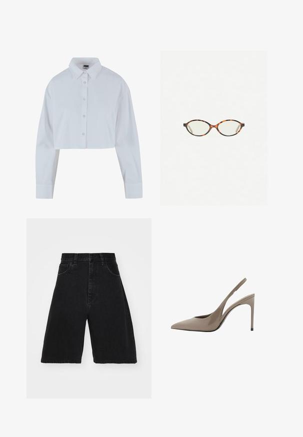 Przycięta biała koszula z guzikami, z zaostrzonym kołnierzykiem, długimi rękawami i gładką teksturą. Posiada przód z pliską i dopasowanymi guzikami.; Czarne szorty dżinsowe z wysokim stanem, szeroką nogawką, pięcioma kieszeniami i zapięciem na guzik. Gładka tekstura z minimalnym blaknięciem.; Beżowe lakierowane szpilki typu slingback z ostro zakończonym noskiem i eleganckim designem, z cienką wysoką szpilką oraz wycięciem z boku.; Okulary w kolorze tortoiseshell z owalnymi soczewkami i gładkim, eleganckim wykończeniem. Posiadają cienkie boki z delikatnym łukiem w okolicy skroni. Przezroczyste soczewki.