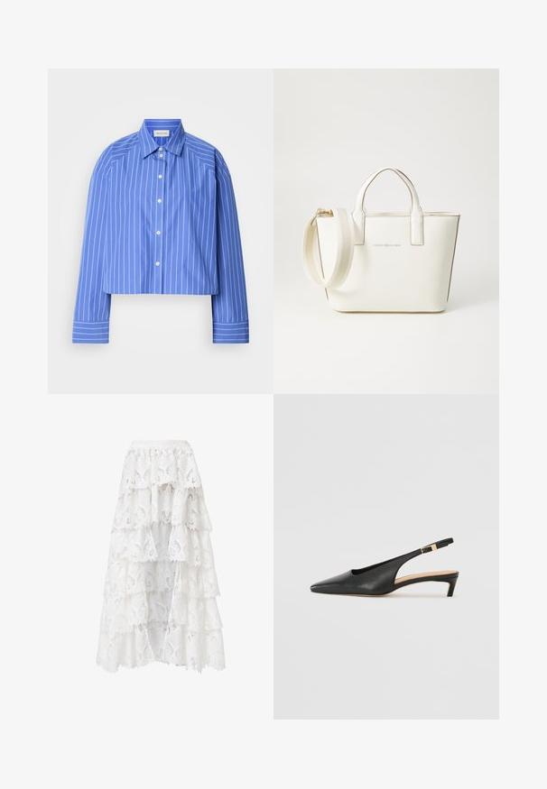 Cropped blue shirt with vertical white stripes, classic collar, long sleeves, and button front; made from smooth, lightweight fabric.; White lace skirt featuring a tiered design with scalloped edges. The material has a floral pattern and texture, creating a layered appearance.; Black leather slingback heel with a pointed toe, low heel, and an adjustable ankle strap featuring a gold-tone buckle. Smooth texture.; White faux leather handbag with short handles, adjustable shoulder strap, and gold-toned hardware; features a subtle logo on the front.
