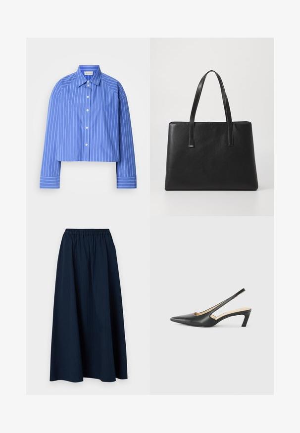 Kratka modra srajca z navpičnimi belimi črtami, klasičnim ovratnikom, dolgimi rokavi in sprednjim gumbom; izdelana iz gladkega, lahkega materiala.; Mornarsko modra, dolga krila iz teksturirane tkanine z elastičnim pasom in subtilnimi vertikalnimi črtami.; Črne čevlje s koničastimi nosovi in slingback obliko z nizko peto, izdelane iz gladke usnjene materiale ter s črtasto zasnovo na strani za prezračevanje.; Črna usnjena torba s two dolgimi ročaji, pravokotne oblike, teksturirane površine in minimalističnega dizajna. Brez vidne strojne opreme ali dodatkov.