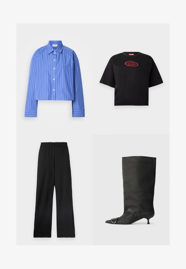 Cropped blue shirt with vertical white stripes, classic collar, long sleeves, and button front; made from smooth, lightweight fabric.; Black short-sleeve cropped T-shirt with a red embroidered oval logo centered on the chest.; Black wide-leg pants with an elastic waistband, made from a smooth material. Features no pockets or distinct patterns.; Black leather ankle boot with a pointed toe, small heel, and metallic accent detail on the toe. Smooth, matte texture throughout.