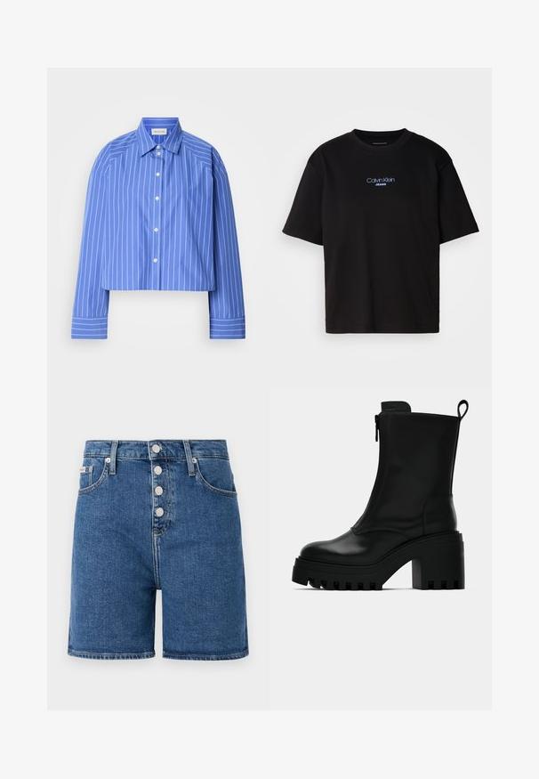 Kuttet blå skjorte med vertikale hvite striper, klassisk krage, lang erm og knappelukking; laget av glatt, lett stoff.; Sort bomull t-skjorte med rund hals, korte ermer, og blå brodert "Calvin Klein JEANS" logo på forsiden.; Denimshorts i mellomblått med høy midje, utstyrt med knappelukking og fem lommer. Glatt tekstur med minimale sømdetaljer.; Sorte lær ankelsko med kraftig såle, blokkhæl, sidelukking med glidelås og trekketap bak på ensfarget hvit bakgrunn.