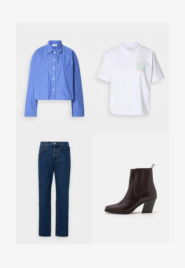 Kuttet blå skjorte med vertikale hvite striper, klassisk krage, lang erm og knappelukking; laget av glatt, lett stoff.; Hvit bomull t-skjorte med korte ermer og rund hals. Har "Calvin" i rosa og "KLEIN" i grønt trykket på forsiden.; Denim jeans i mørkeblå, med en klassisk rett ben-uttak, fem lommer og synlig søm. Stoffet har en lett tekstur.; Mørkebrun lær ankelstøvle med spiss tå, vertikal ribbestruktur på siden og en middels høy blokkhæl.