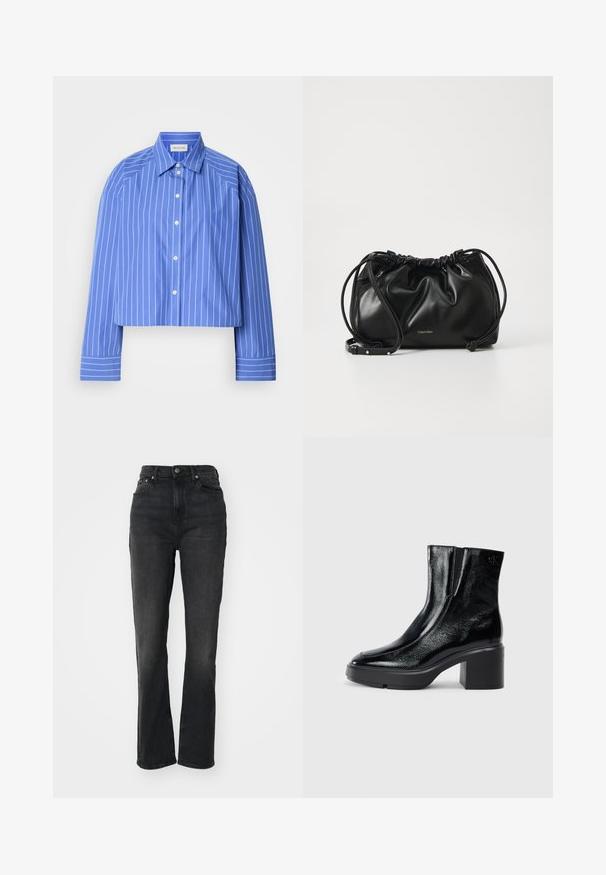 Camisa azul recortada con rayas blancas verticales, cuello clásico, mangas largas y botones en el frente; hecha de una tela suave y ligera.; Jeans de mezclilla negros de tiro alto con piernas rectas, diseño de cinco bolsillos, cierre frontal con botón y detalles de costura mínimos.; Botas de tobillo de charol negro con puntera curva, paneles laterales elásticos y un tacón ancho. Presentan un logo embosado en la parte posterior.; Bolso de mano de cuero negro con diseño fruncido, cierre de doble cordón y correa de hombro desmontable. Presenta un detalle metálico del logo.