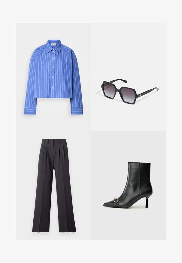 Skrátená modrá košeľa s vertikálnymi bielymi pruhmi, klasickým golierom, dlhými rukávmi a predným zapínaním na gombíky; vyrobená z hladkej, ľahkej tkaniny.; Široké nohavice z tmavosivej tkaniny. Obsahujú plisovanie v páse, priliehavý pás a hladkú textúru. Žiadne viditeľné vzory alebo kovania.; Čierna kožená členková obuv s špicatou špičkou, štíhlým stredne vysokým podpätkom a striebornou sponou na boku na jednoduchom pozadí.; Čierne hexagonálne slnečné okuliare s gradientovými šošovkami, majú lesklý povrch a diskrétne logo na stranici. Vyrobené z odolného plastu.