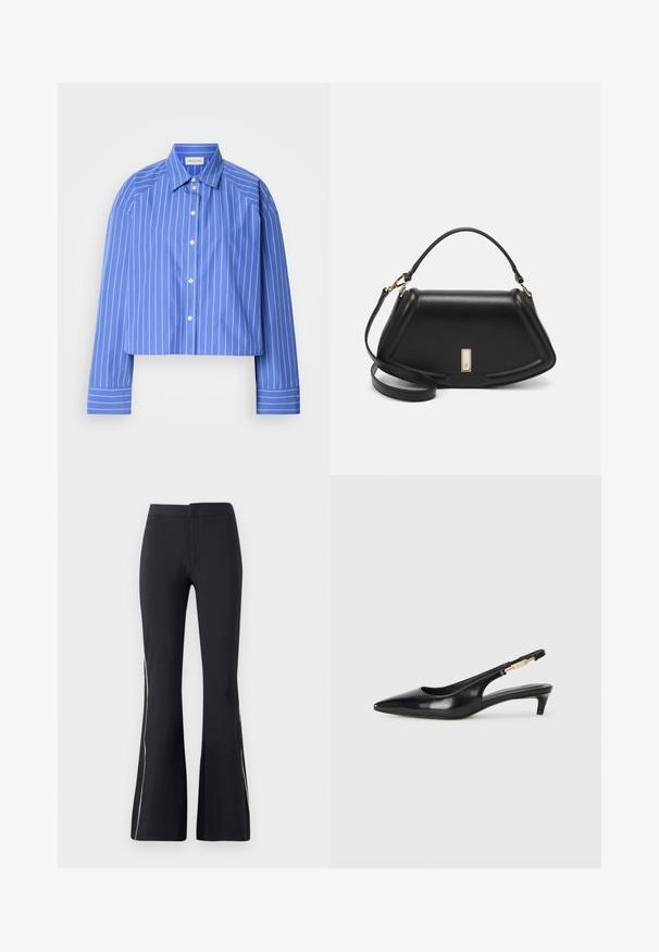 Przycięta niebieska koszula w pionowe białe paski, klasyczny kołnierzyk, długie rękawy i zapięcie na guziki; wykonana z gładkiego, lekkiego materiału.; Czarne spodnie dzwony wykonane z elastycznego materiału. Charakteryzują się gładką teksturą oraz kontrastowym białym paskiem po bokach. Prosty design z elastycznym paskiem w talii.; Czarne skórzane szpilki typu slingback z ostrym noskiem, posiadające smukły obcas i złoty akcent na regulowanym pasku. Gładka tekstura.; Czarna skórzana torebka o strukturalnym designie, z przyciętą formą, górnym uchwytem i złotymi akcentami. W zestawie regulowany pasek na ramię.