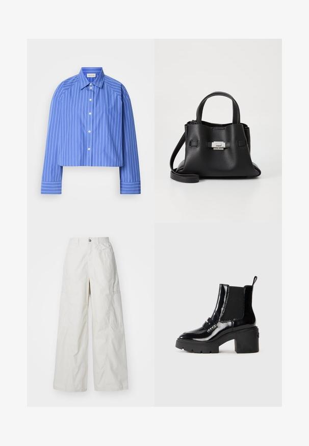 Cropped blue shirt with vertical white stripes, classic collar, long sleeves, and button front; made from smooth, lightweight fabric.; Wide-leg cargo pants in light beige, made of lightweight fabric. Features side pockets and a button closure at the waist.; Black patent ankle boot with a chunky heel, elastic side panels, decorative strap, and contrasting stitching. Smooth texture with a glossy finish.; Black leather handbag with a textured finish, featuring two top handles, a detachable shoulder strap, and a silver clasp detail.