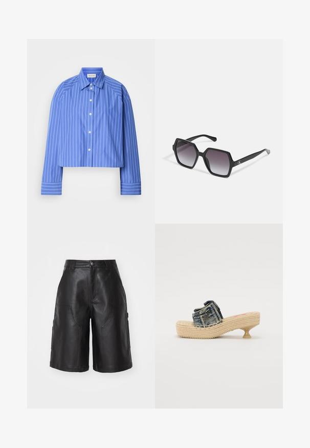 Sagriezta zila krekla ar vertikālām baltām svītrām, klasiskā apkaklīte, garas piedurknes un pogu aizdare; izgatavots no gludas, vieglas auduma.; Melni ādas šorti ar taisnu griezumu, kuriem ir divi priekšējie kabatas un smalki izšuvumi. Gluda tekstūra un izturīgs materiāls.; Denima slīdošas sandales ar austo platformu un mazu papēdi. Izceļas ar dekoratīvo šuvju un metalizētu akcentu uz augšējā siksniņa.; Melnas sešstūra saulesbrilles ar gradienta lēcu, ar spīdīgu apdari un nedaudz redzamu zīmolu uz tempļa. Izturīga plastmasas konstrukcija.