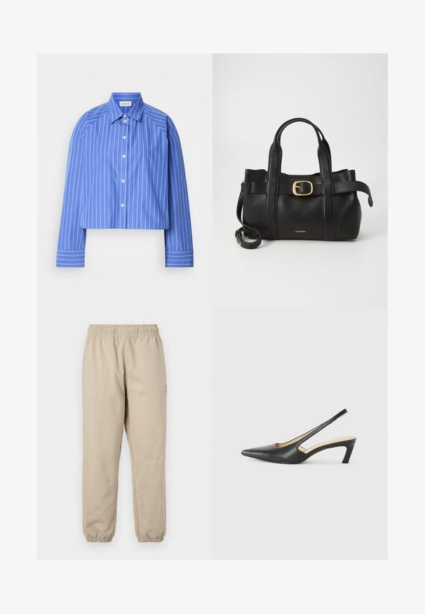 Sagriezta zila krekla ar vertikālām baltām svītrām, klasiskā apkaklīte, garas piedurknes un pogu aizdare; izgatavots no gludas, vieglas auduma.; Bēgie treniņbikses ar elastīgu jostasvietu un piedurknēm. Mīksts kokvilnas audums, taisna kāju dizains, ar mazu izšūtu logo uz sāna.; Melna, ar smailu purngalu, slingback kurpe ar zemu papēdi, izgatavota no gludas ādas materiāla un ar izgriezumiem sānos gaisa caurlaidībai.; Melnas ādas rokassoma ar strukturētu dizainu, divām augšējām rokturām, zelta toņa sprādzes akcentu un iegravētu zīmola logo priekšpusē.