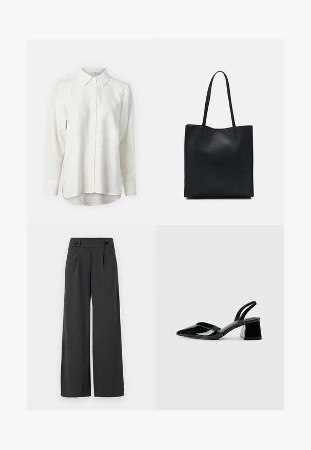 White long-sleeve shirt made of smooth fabric, featuring a classic collar, button front, and curved hem for a relaxed fit.; Wide-leg trousers in dark gray fabric, featuring a high waist, two front buttons, and a smooth texture with front pleats.; Black patent leather slingback heels with a pointed toe and a geometric block heel. Features a sleek, minimal design and smooth texture.; Black leather tote bag with smooth texture, rectangular shape, and two long handles. No visible hardware or embellishments.