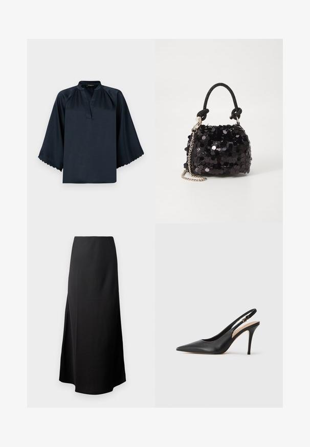 Marineblå bluse med en blød satinstruktur, splitteknekk og brede, bølgete ermer. Løs passform for komfort.; Svart midiskjørt med glatt tekstur, designet med høy livhøyde og en sideløsning, med en enkel, udekoreert silhuett.; Svart lær slingback høye hæler med spiss tå, glatt tekstur og en delikat stropp med en metallisk spenne.; Svart paljettmini-veske med en knyttet teksturert stropp og sølvkjede. Rund form med samlet topp og reflekterende detaljer.