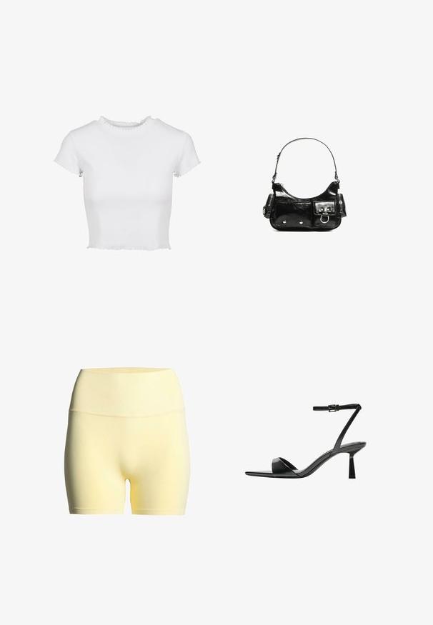 Bílý zkrácený tričko vyrobené z ribbovaného materiálu. Má krátké rukávy s ošoupanými okraji a kulatý výstřih s volánkovým detailem.; Žluté látkové šortky s žebrovaným pasem, s hladkou texturou a střední délkou, vhodné na sportovní nebo volnočasové nošení.; Bershka Sandály na vysokém podpatku - black; Černá lakovaná kožená kabelka s křivkovým tvarem, jedním ramenním popruhem, předními kapsami a stříbrnými kovovými detaily.