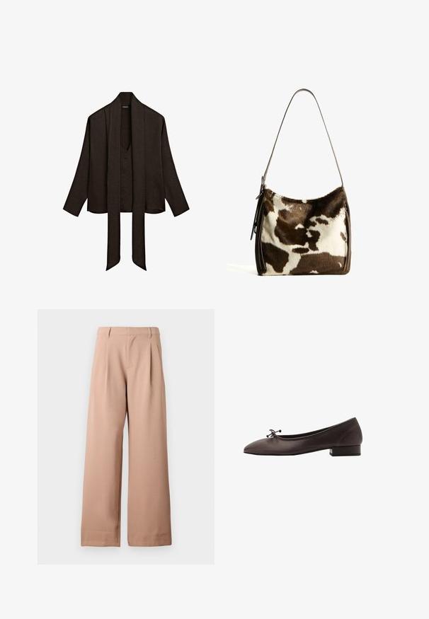 Blusa lunga a maniche con scollo a V profondo di colore marrone scuro, con ampi lacci a sciarpa che pendono sul davanti.; Pantaloni beige a gamba larga con passanti per cintura, pieghe in vita e frontale piatto, mostrati su uno sfondo bianco semplice.; Ballerina in pelle marrone con punta arrotondata e tacco a blocco piccolo. Presenta un sottile fiocco sul davanti e dettagli di cucitura discreti.; Borsa a spalla in pelle bovina marrone e crema con tracolla in pelle liscia, chiusura con zip e superficie morbida e testurizzata con un motivo naturale.