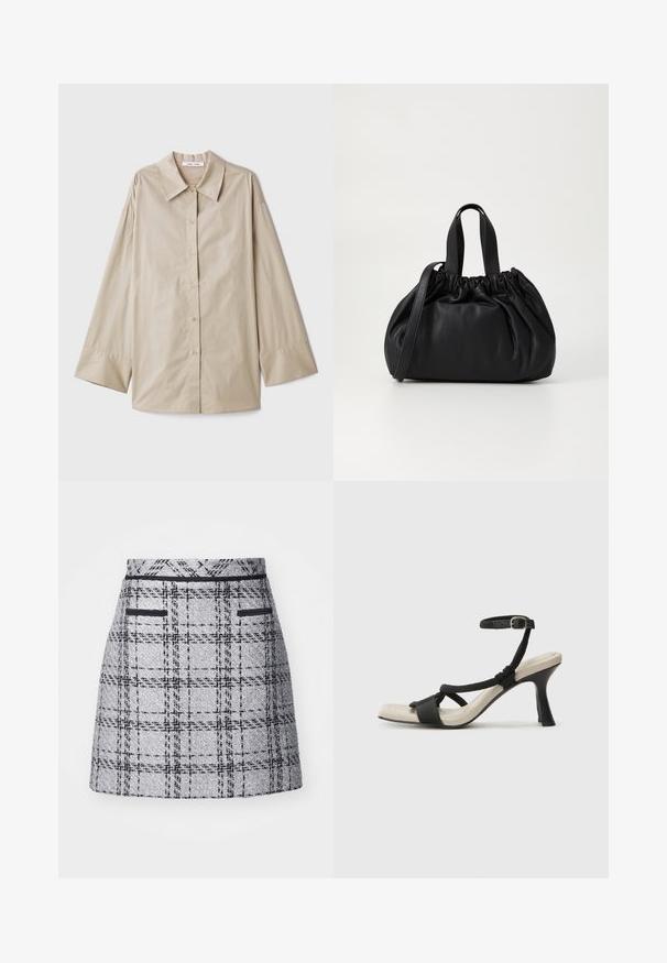 Beige Langarmhemd mit großem spitzen Kragen, Knopfleiste und breiten Ärmelbündchen. Hergestellt aus einem glatten, leichten Stoff.; Grauer karierten Rock aus strukturiertem Material, schlanker Schnitt und schwarzem Saum. Beinhaltet zwei vordere Taschen mit schwarzen Verzierungen.; Schwarze Absatzsandale mit geflochtenem Riemendesign, quadratischer Spitze und verstellbarem Knöchelriemen. Helle beigefarbene Sohle mit glänzendem schwarzen Absatz.; Schwarze Lederhandtasche mit einem gerafften Oberteil, ausgestattet mit zwei kurzen Griffen und einem langen verstellbaren Schulterriemen. Glatte Textur, runde Form.