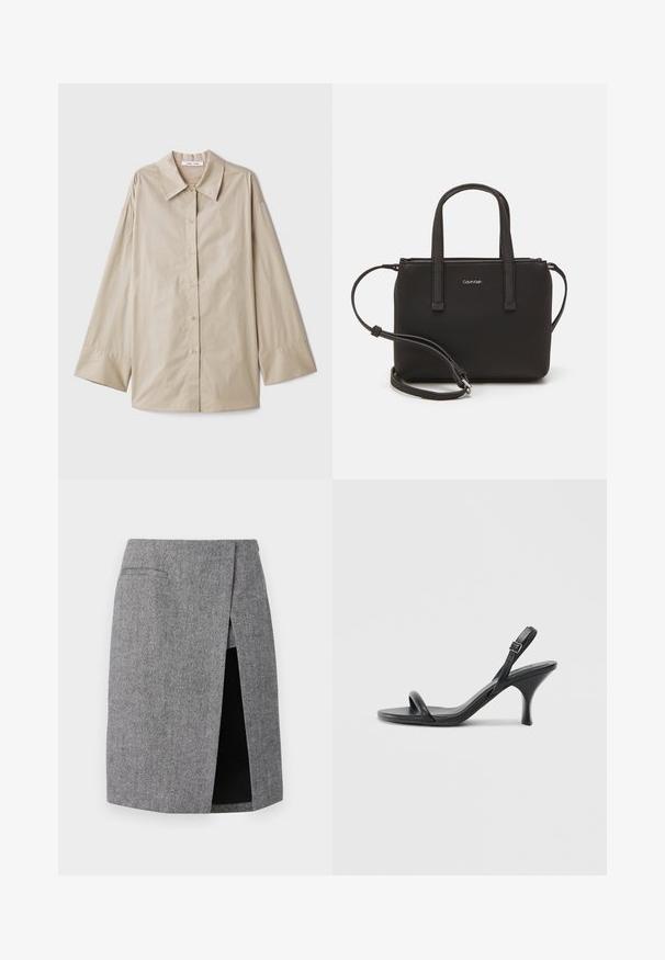 Beige long-sleeve shirt with a large pointed collar, button front, and wide sleeve cuffs. Made from a smooth, lightweight fabric.; Gray houndstooth skirt with a side slit, tailored fit, and two inset pockets. Made from textured fabric for a structured look.; Black leather high-heeled sandals with a slim, curved heel and a crossed strap design. Adjustable ankle strap. Smooth texture.; Black handbag with dual short handles and a removable shoulder strap. Smooth leather-like material with a zip closure and logo detail.