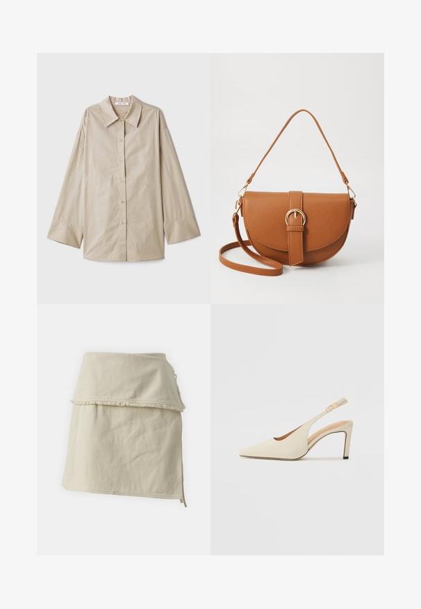 Beige langermet skjorte med stor spiss krage, knappefront og brede mansjetter. Laget av et glatt, lett stoff.; Beige innpakningsskjørt laget av bomull, med et lagdelt design, fransete kant og sidesnører for justerbar passform. Glatt tekstur gjennomgående.; Beige lærremmidheler med spiss tå, åpen sidestruktur og slank høy hæl. Har et gullakcent på stroppen.; Brun lærcrossbody-veske med en buet form, gullhardware og et spenneakcent. Har en avtakbar skulderreim.