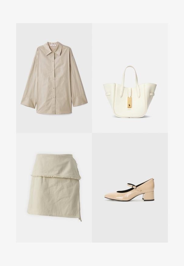 Beige long-sleeve shirt with a large pointed collar, button front, and wide sleeve cuffs. Made from a smooth, lightweight fabric.; Beige wrap skirt made of cotton, featuring a layered design, frayed hem, and side ties for adjustable fit. Smooth texture throughout.; Beige patent leather Mary Jane shoes with a mock toe, a buckle strap, and a mid-height block heel. Smooth texture with a glossy finish.; White leather tote bag with a structured shape, prominent stitching, gold hardware tag, and dual handles. Textured surface with side pockets.