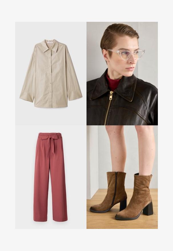 Chemise beige à manches longues avec un grand col pointu, fermeture à boutons, et larges poignets. Fabriquée dans un tissu lisse et léger.; Pantalons larges en rose poussiéreux, fabriqués dans un tissu doux, avec une ceinture à nouer à la taille et des poches latérales.; Bottes chelsea en suède marron avec fermeture éclair, talons carrés et texture lisse, présentant une couture simple le long des côtés.; Lunettes en acétate transparent en forme de yeux de chat avec des verres jaunes, portées par une personne en veste en cuir noir et en col roulé rouge. Texture lisse.